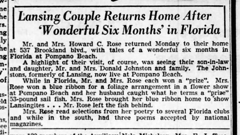 Return-Rose, Mr and Mrs return from FLA 1952