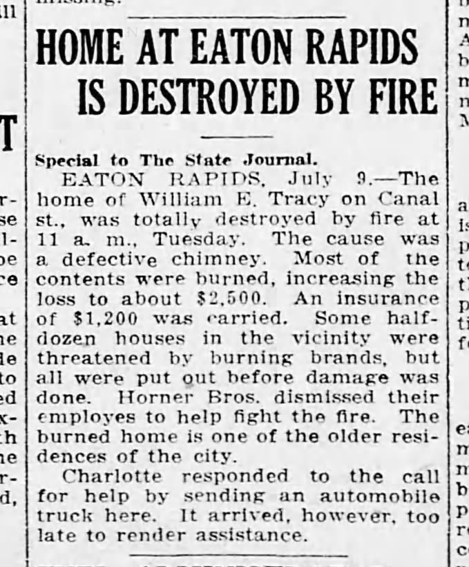 Fire - Tracy,William E - home destroyed - LSJ 9 Jul 1918 Tue pg1