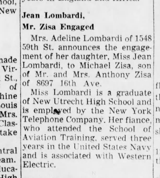 Mrs Adeline Lombardi 1548 59th St Brooklyn - Daughter Jean engaged to Michael Zisa