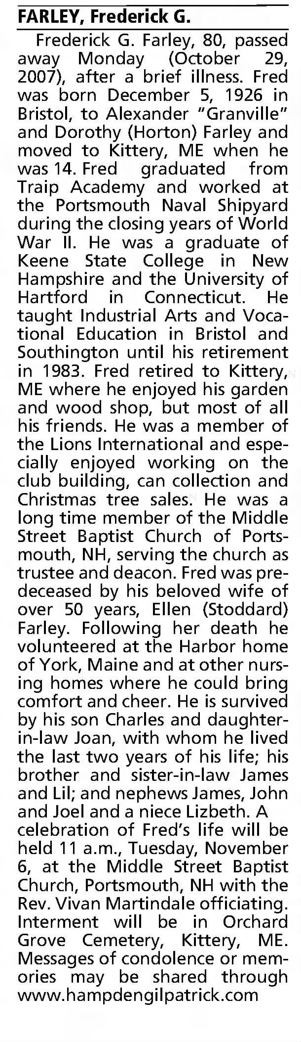 Farley, Frederick G - Obituary - Hartford Courant
Hartford, Connecticut
 Wednesday, October 31, 2007