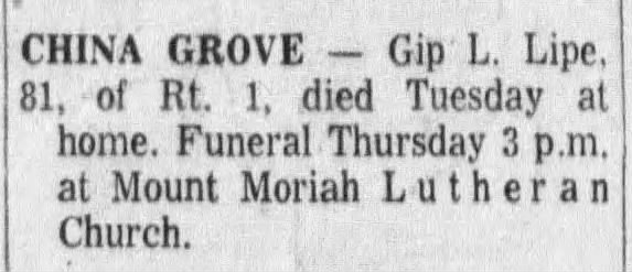 Obituary for Gip L. Lipe (81)
page 16B, column 3