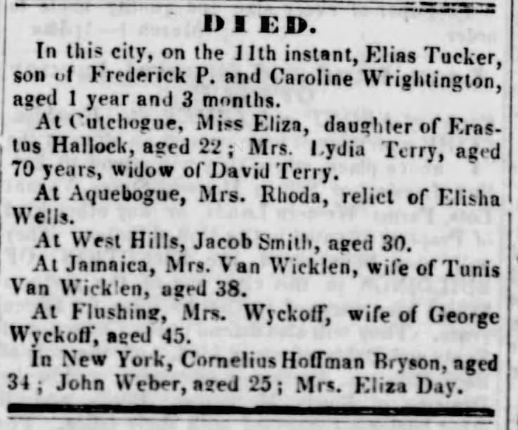 Obit of Lydia Jennings Terry, D. at Cutchogue, Brooklyn Evening Star, 12 Sep 1844
