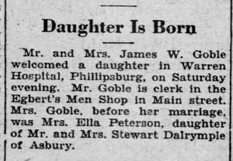 Daughter Mary Goble is Born - Jim & Ella Goble