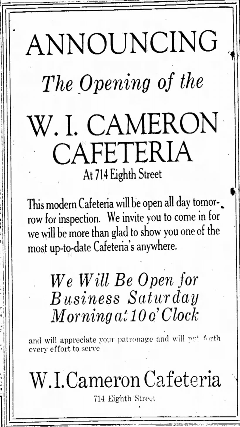 W.I. Cameron Cafeteria November 9, 1922