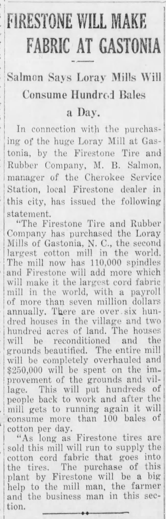 Firestone Will Make Fabric at Gastonia- May 1935