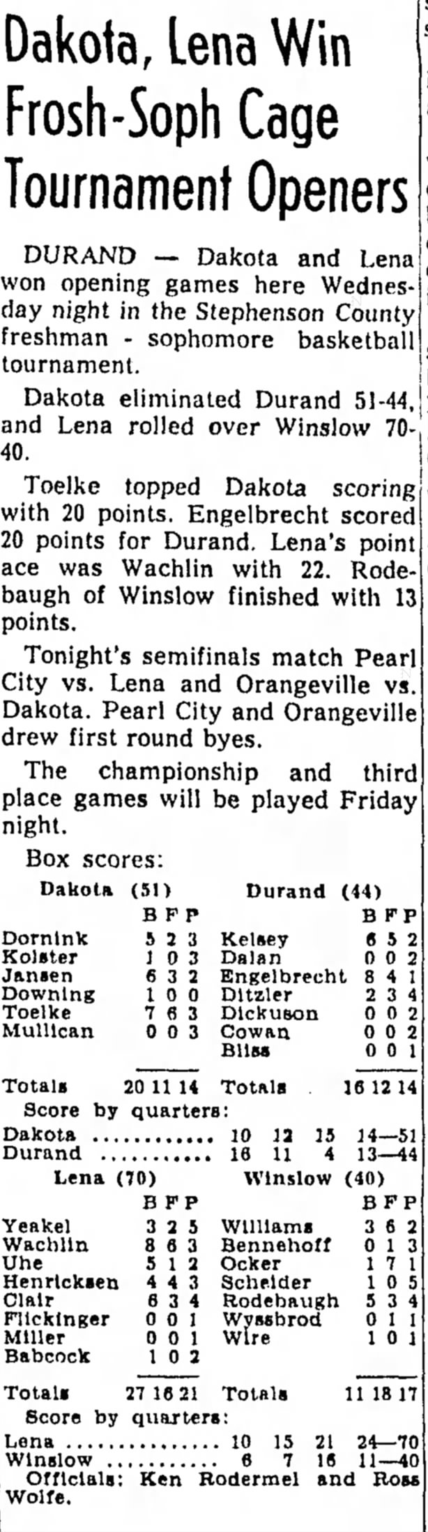 Freeport Journal-Standard, 10 March 1955, Dakota, Lena Win Frosh-Soph Cage Tournament Openers