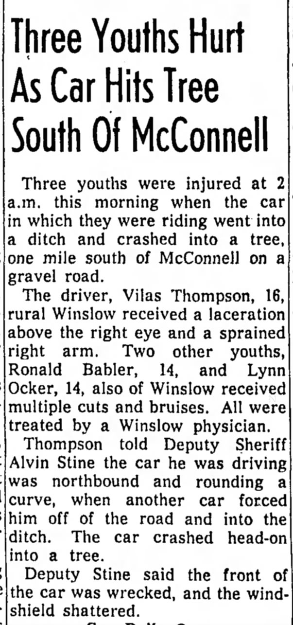 Freeport Jounal-Standard, 14 June 1956, Three Youths Hurt As Car Hits Tree South of McConnell