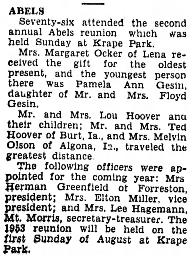 Freeport Journal-Standard, 6 August 1952, Abels Reunion