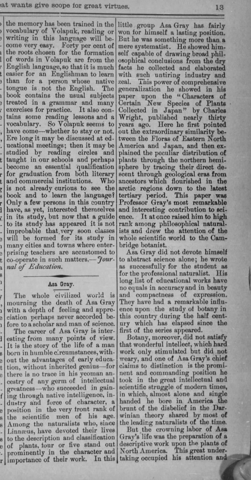 Asa Gray article, 1 May 1888, pg 13, The School News (Kansas)