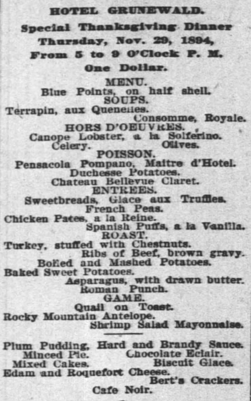 Grunewald 1894 Thanksgiving menu