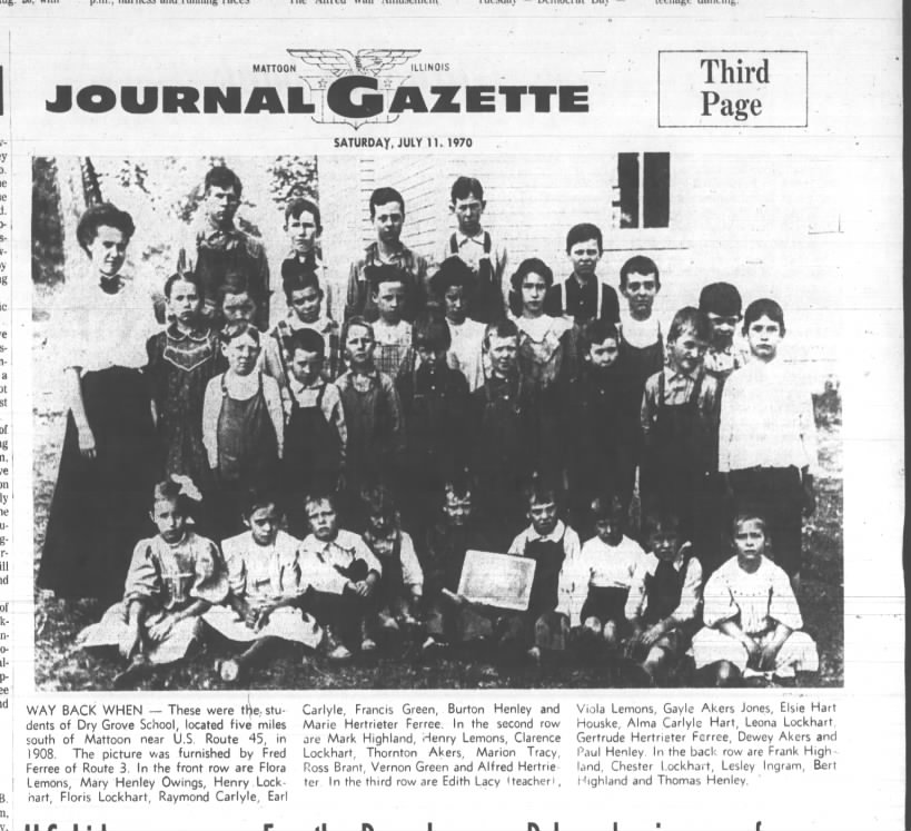 Marie and Gertrude Ferree Dry Grove School 1908; Marie last one front row; Gertrude 7th in third row