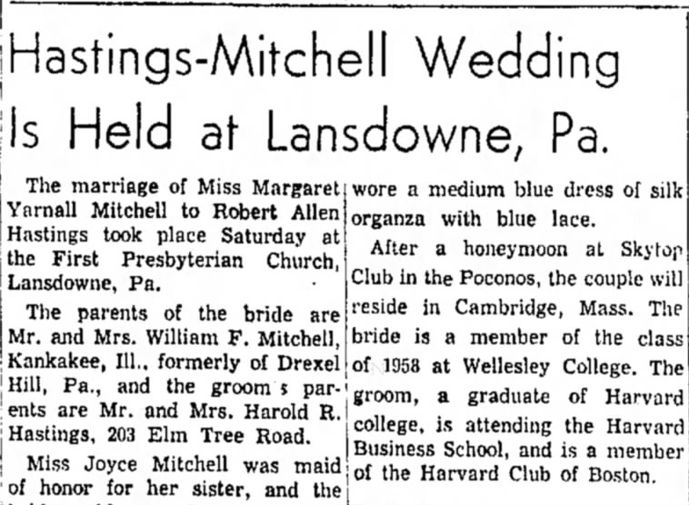 Robert Allen Hastings and Margaret Yarnall Mitchell Wedding