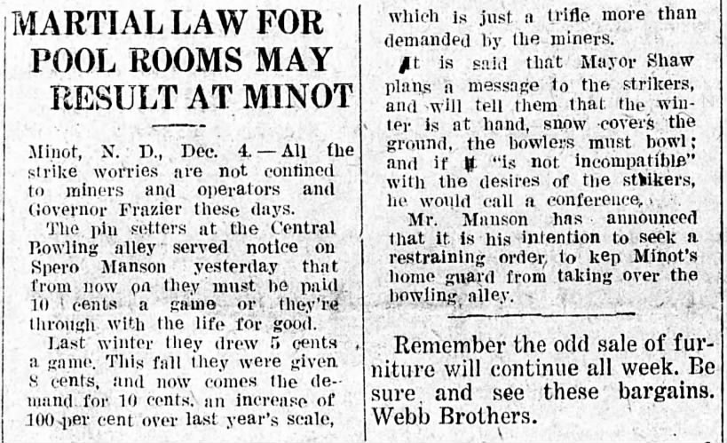 "Martial Law for Pool Rooms May Result at Minot"