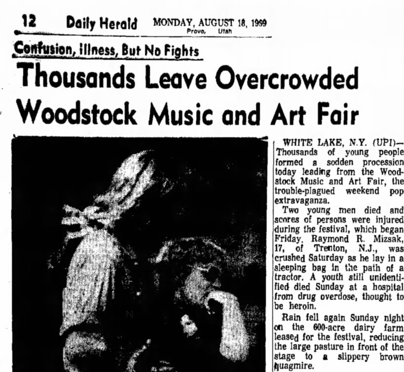 "Thousands Leave Overcrowded Woodstock Music and Art Fair" Woodstock August 1969