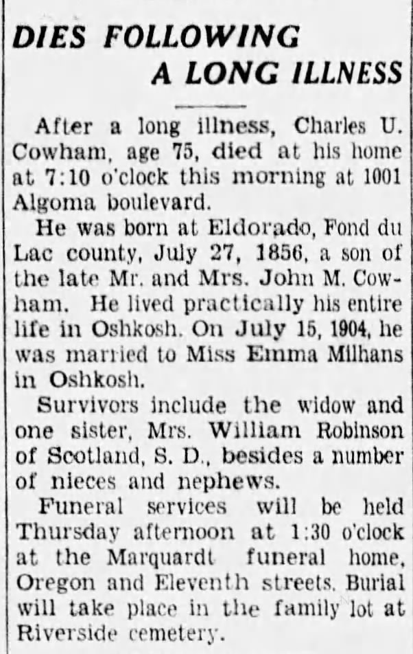 Charles U Cowham (1856-1933) obituary