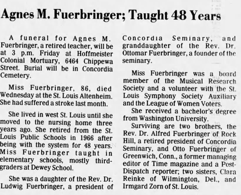 Agnes M. Fuerbringer; Taught 48 Years