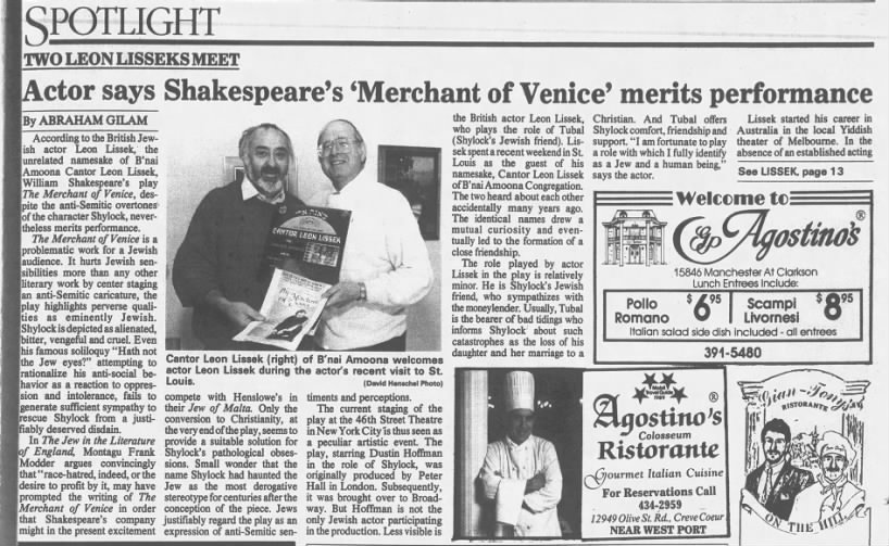 Two Leon Lisseks Meet: Actor says Shakespeare's 'Merchant of Venice' Merits Performance