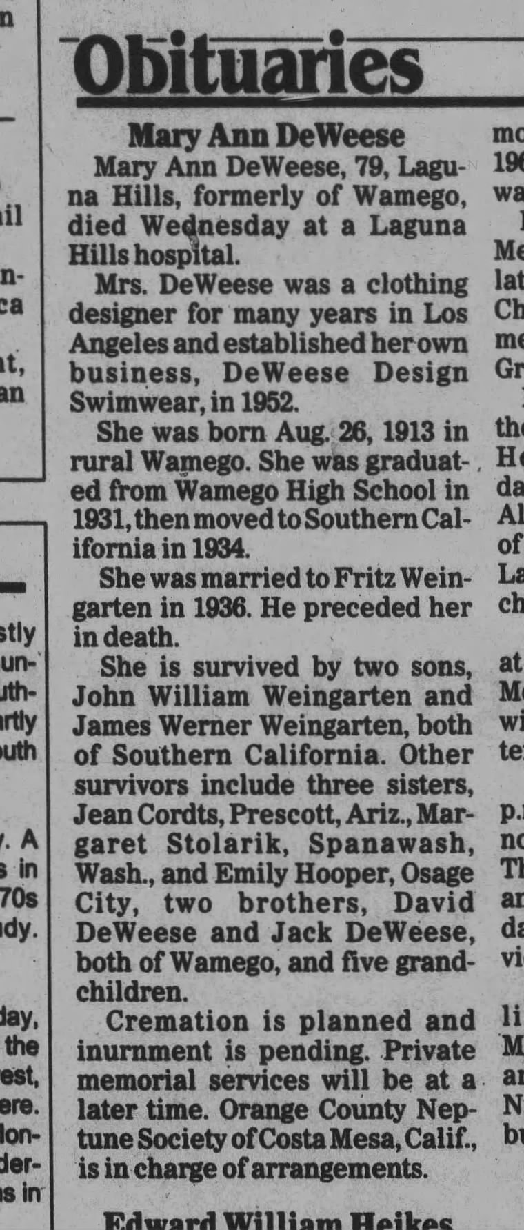 Obituaries: Mary Ann DeWeese