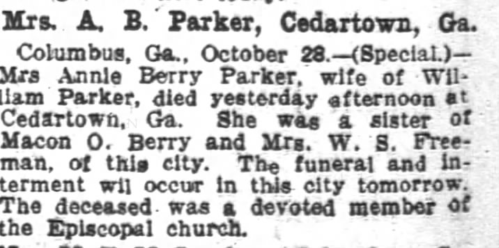 Obituary of Annie Berry Parker, 1904