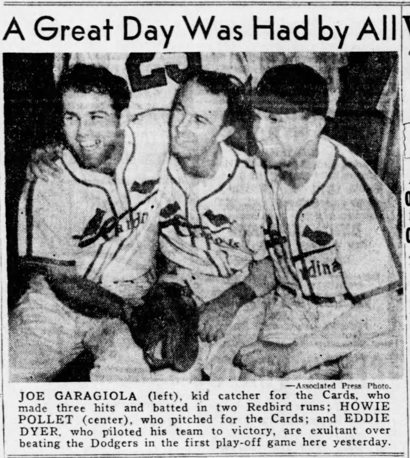 10/2/1946: Garagiola's only World Series appearance was 1946. (He batted 6 for 19 over that series)