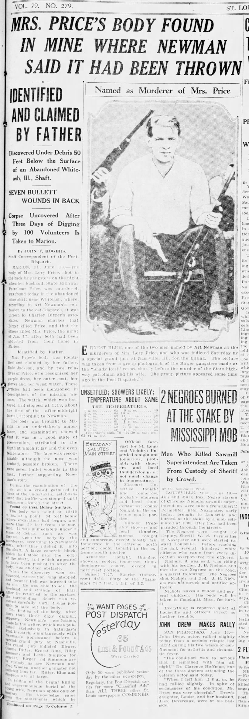 1927: Testimony by member of Birger gang leads to the body of policeman's slain wife.