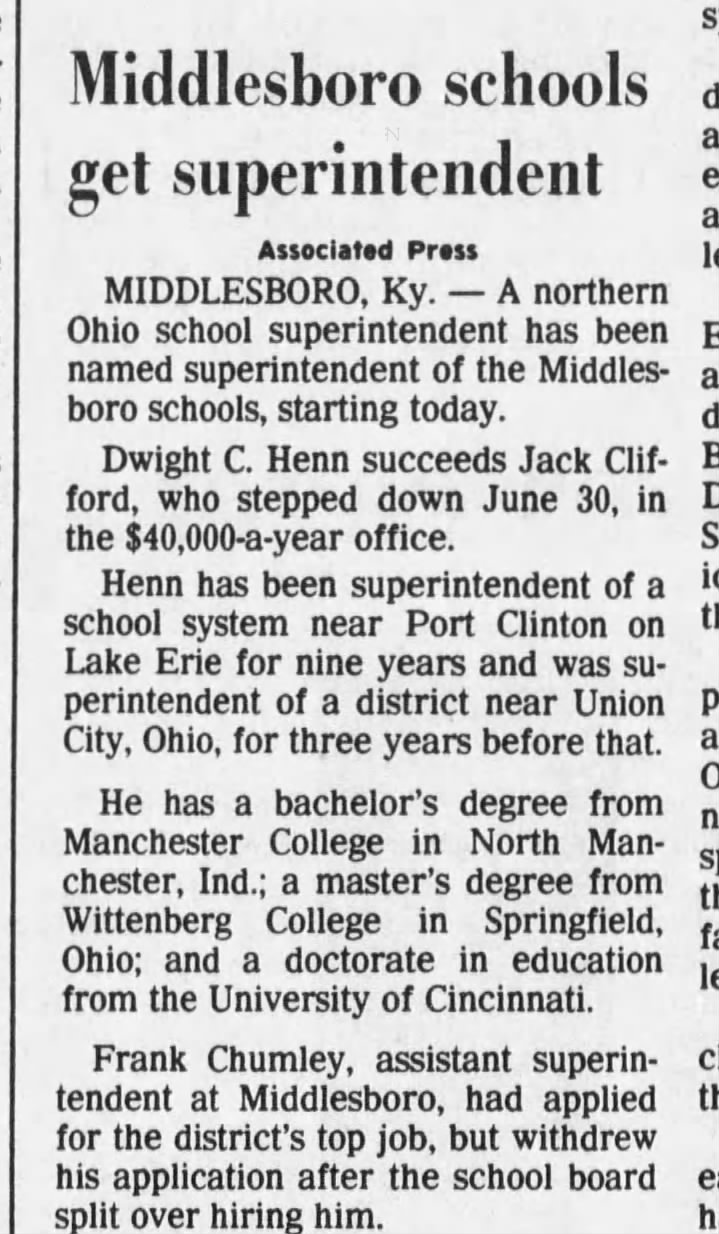 Dwight Henn hired at Middlesboro KY 1984