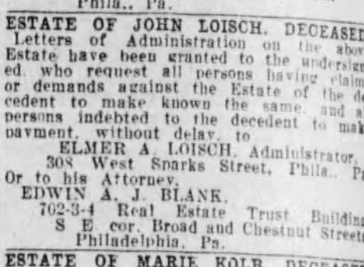 Estate of John Loisch. Elmer Loisch administrator.