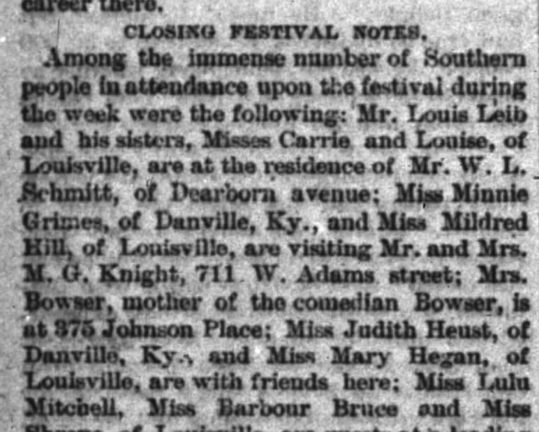 27 Mat 1882 Mildred and Minnie Grimes visit M.G. Knight at a music festival in Chicago.