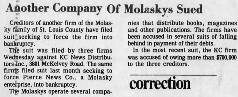 Molasky's Publishing Company sued by K.C. News Distributors Inc. 3801 McKelvey Road.