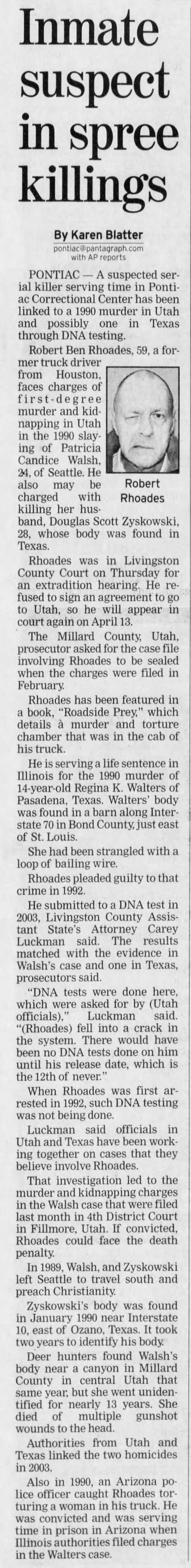 Ronald Ben Rhoades killer of Regina Kay Walters of Pasedena Texas and her husband.