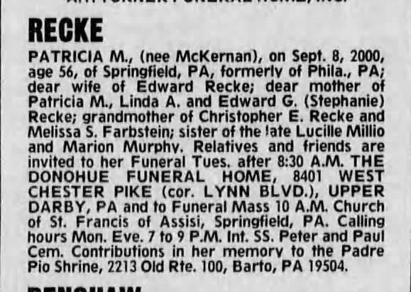 Patricia M.Recke-death notice
