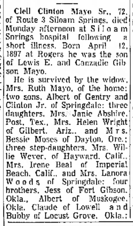 Clell Clinton Mayo Obituary, Northwest Arkansas Times, Fayetteville, Arkansas, 13 Aug 1969, pg 2