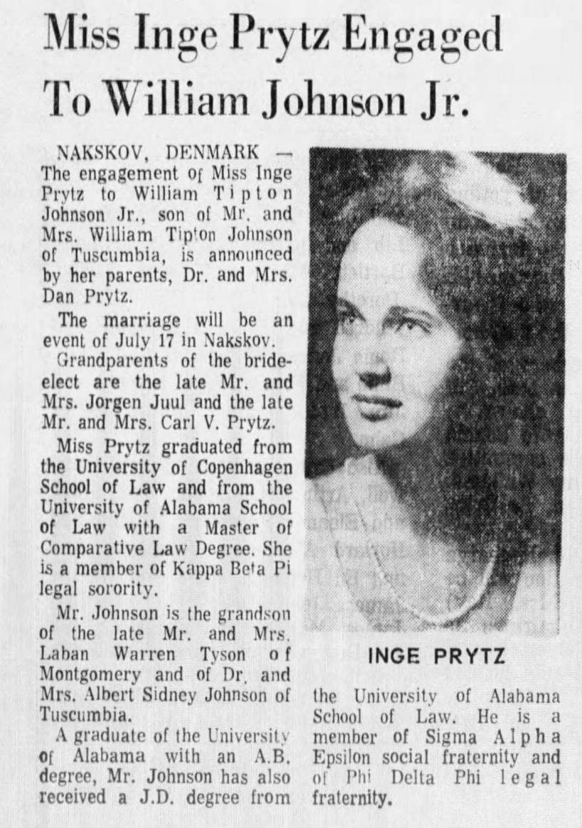 William Tipton Johnson Jr and Inge Prytz marriage, The Montgomery Advertiser (AL) 7 Jun 1970 pg 14