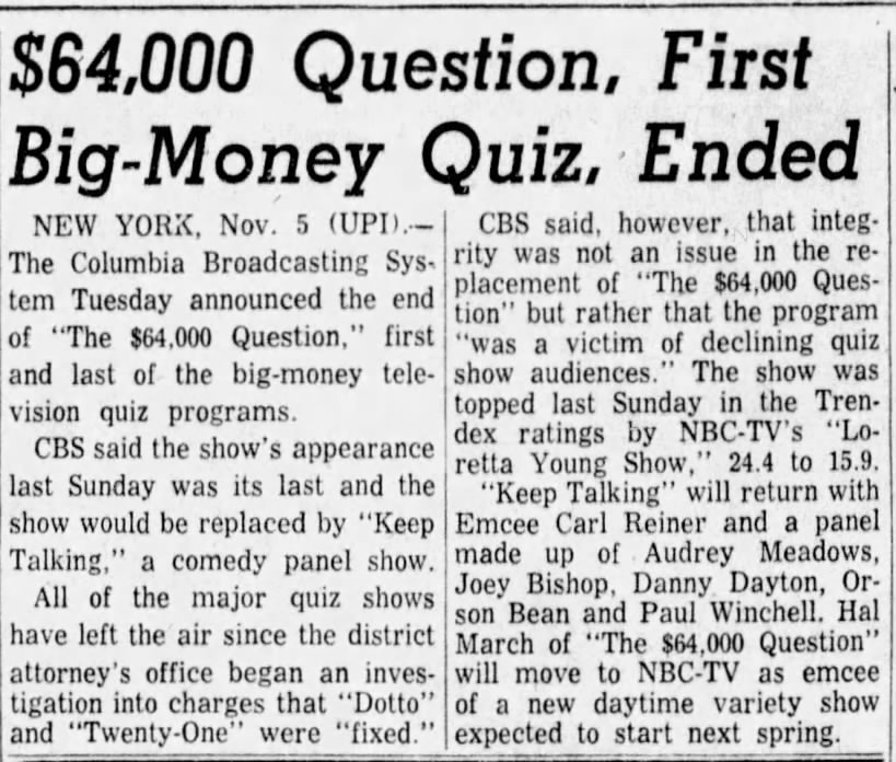 $64,000 Question, First Big-Money Quiz, Ended