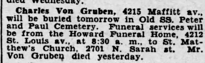 Charles Christian Von Gruben burial annouoncement