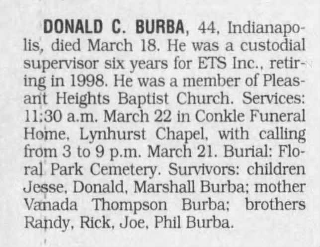 Obituary, Donald C Burba