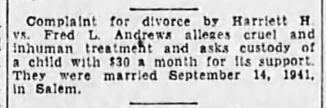 Divorce Filing, Harriett H Andrews nee Grivey & Fred L Andrews