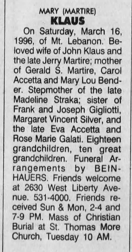 1996 March Death of Mary Gigliotti Martire Klaus. Pittsburgh Post-Gazette