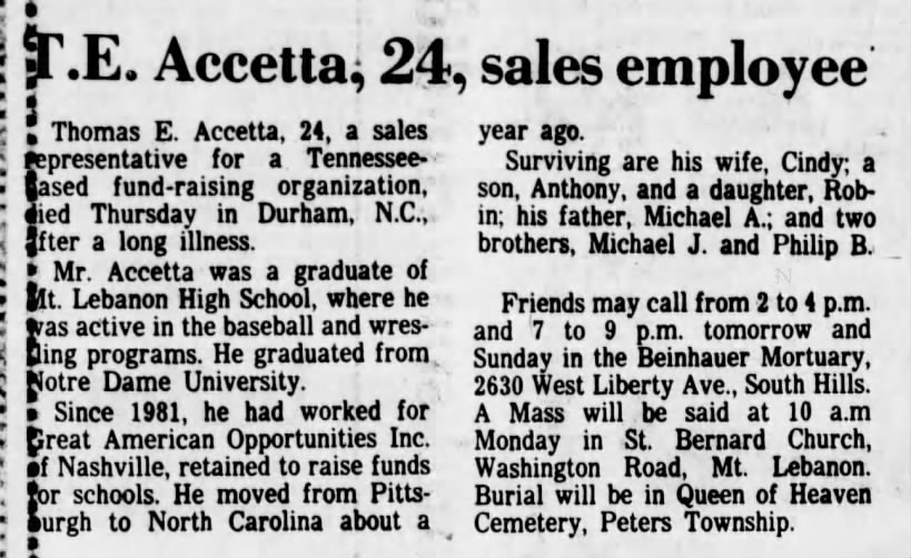 1984 April 6th Thomas E Accetta Obituary Pittsburgh Post Gazette