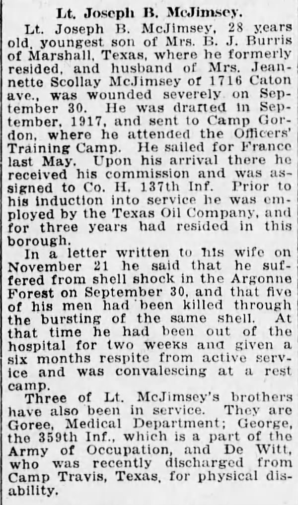 Joseph McJimsey article from 26 Dec 1918, Brooklyn Daily Eagle, New York