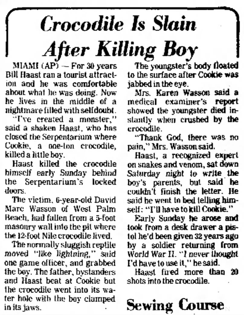 1977 9/5  CROCODILE IS SLAIN AFTER KILLING BOY