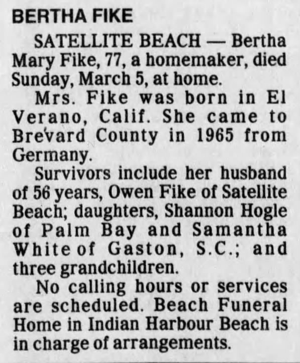 Fike, Bertha (1922-2000) Obituary Part A