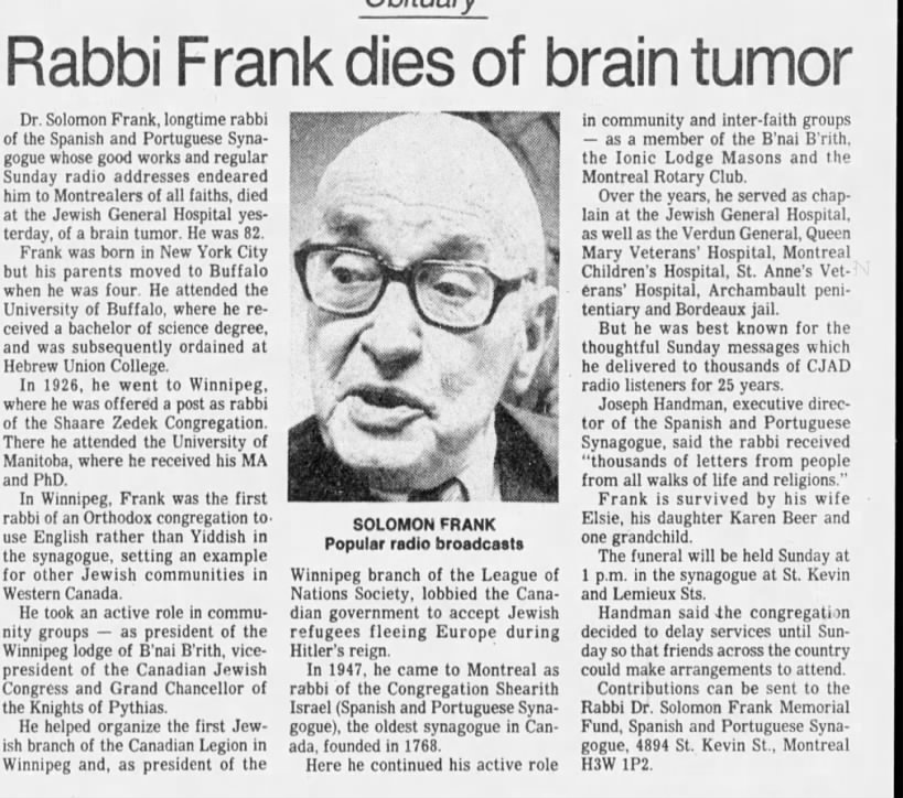 Obituary for Rabbi Frank (Aged 82)