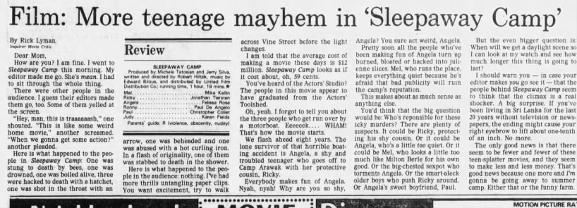 Sleepaway Camp Review - Philadelphia Inquirer 23 Jan 1984 READ