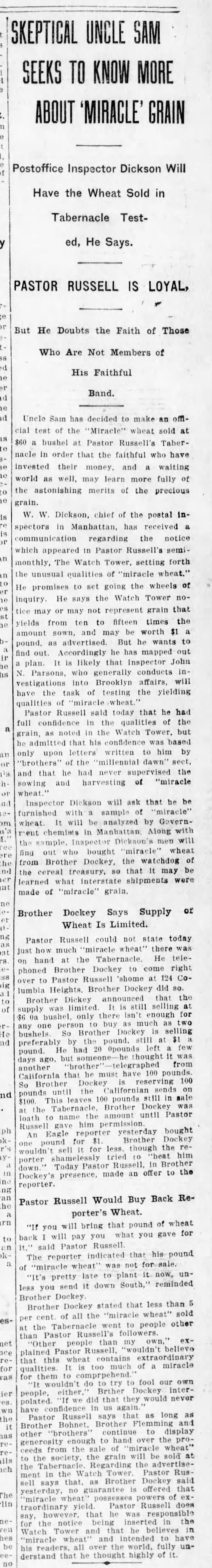 Skeptical Uncle Sam Seeks to Know More About 'Miracle' Grain, Sept. 22, 1911