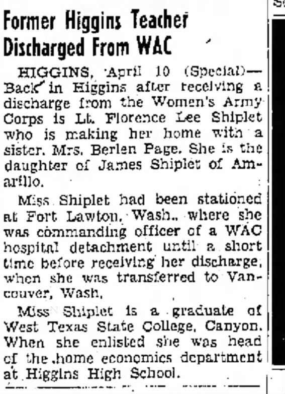 Florence Shiplet discharged from WAC