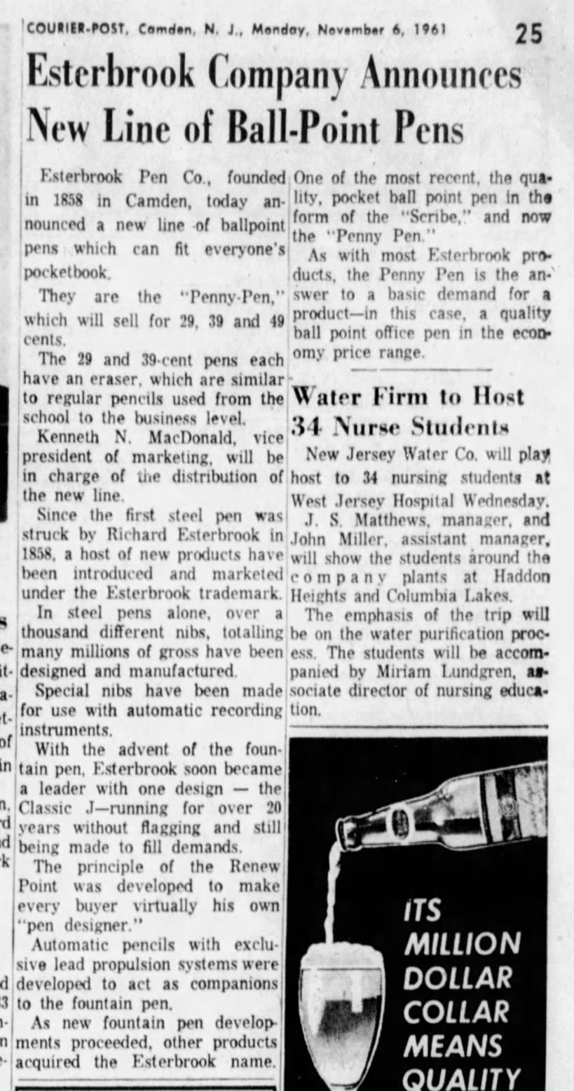 1961 - Esterbrook history Camden newspaper, new ballpoint pen