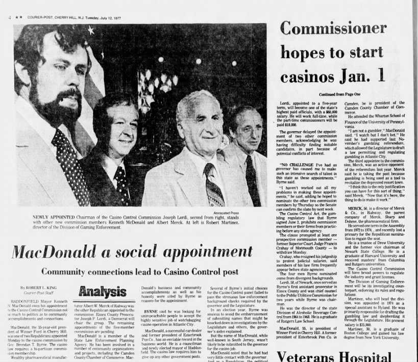 1977 - Esterbrook history Camden newspaper, MacDonald to casino commission
