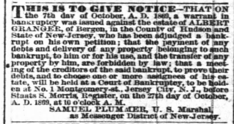 1869 - Albert Granger going bankrupt