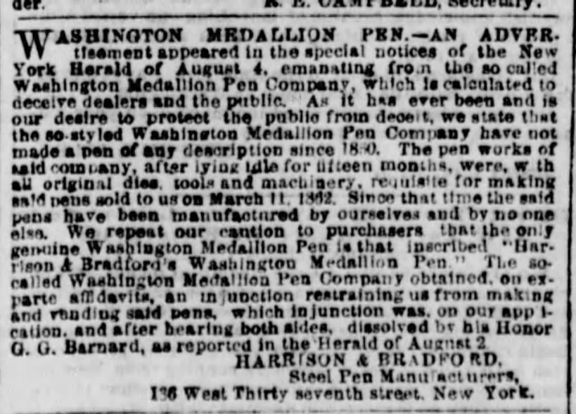 1864 - Harrison Bradford Washington Medallion fakes Aug 4NY Herald